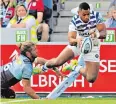  ??  ?? Leaping in: Joe Cokanasiga goes over to score in yesterday’s victory for Bath