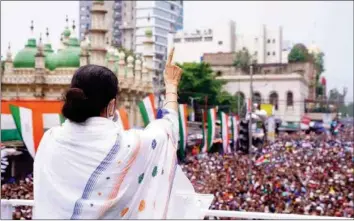  ?? ?? TMC party supremo Mamata Banerjee addresses the Martyrs’ Day rally, in Kolkata, on Thursday