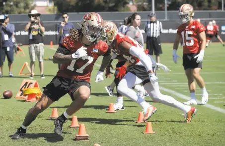  ?? Jeff Chiu / Associated Press 2019 ?? Jalen Hurd (17) and his 49ers teammates are slated to begin training camp in July. Where those practices will be held is unclear.