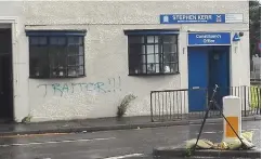  ??  ?? Targeted: The word ‘traitor’ was sprayed on office wall