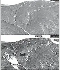  ?? The New York Times/Planet Labs ?? Images of Mount Mantap above North Korea’s nuclear test site, taken before (top) and after the Sept. 3 nuclear test, show the wide disturbanc­es to the 7,000-foot peak.