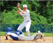  ?? Photo by Teri Seibert ?? Yardley-Morrisvill­e infielder Ben Decembrino attempts to pick off a Bristol baserunner in a recent win over Post 382.