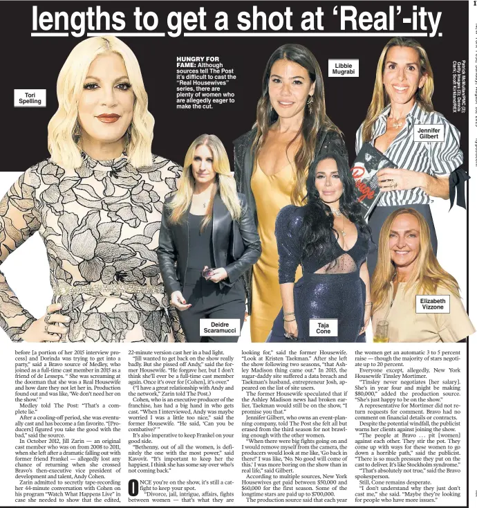  ??  ?? Tori Spelling HUNGRY FOR FAME: Although sources tell The Post it’s difficult to cast the “Real Housewives” series, there are plenty of women who are allegedly eager to make the cut. Deidre Scaramucci Taja Cone Libbie Mugrabi Jennifer Gilbert Elizabeth Vizzone
