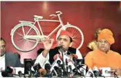  ??  ?? Samajwadi party president and former UP CM Akhilesh Yadav addresses the media at the party office, in Lucknow on Friday PTI