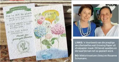  ??  ?? LINKS: ’n Voorbeeld van die pragtige skryfbehoe­ftes wat Growing Paper uit afvalpapie­r maak. Dit bevat saadjies en die kaartjie kan net so geplant word.BO: Nileta Knoetzen (links) en Roxanne Schumann.