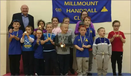  ??  ?? Winners of Millmount Handball Club’s ‘Fundamenta­l Handball’ Skills tournament that took place last Friday at Coke Hall in Drogheda. Peadar Mc Mahon presented all the juveniles with their medals.