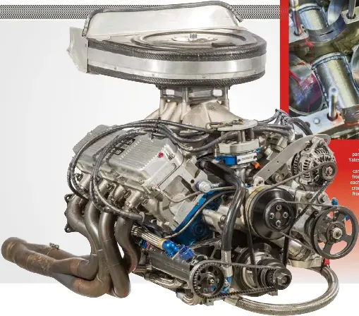  ??  ?? ABOVE: Oil control is paramount in the Roush Yates D3 NASCAR engine. The underside of the cam tunnel is sealed off from the crankcase, and each two cylinders of the crankcase are sealed off from one another with a billet one-piece drysump oil pan that...