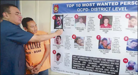  ?? BOY SANTOS ?? Former policeman Alfredo Mabutol Jr. looks on as Chief Superinten­dent Guillermo Eleazar crosses out his image as Quezon City’s most wanted man during a press conference at Camp Karingal yesterday.