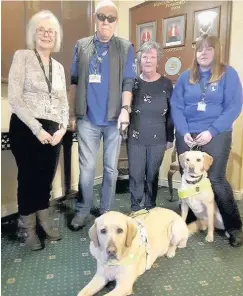  ??  ?? The charity Guide Dogs has been supported by the ladies at Runcorn Golf Club. Pictured ( from left) are Guide Digs volunteers Linda, Matthew and guide dog Monty, ladies’ captain Jill Brookes and Guide Dogs community fundraiser Dawn and her dog, Helena.