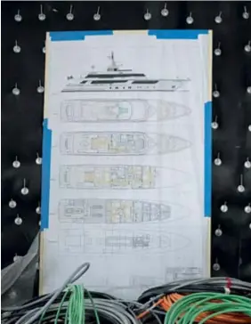  ??  ?? A blueprint on board a yacht in progress at the Codecasa shipyard.