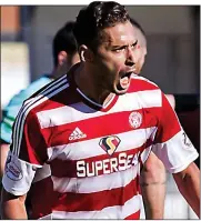  ??  ?? FIRST BLOOD: Alex D’Acol celebrates after scoring the opener but Hamilton failed to hang on for the win