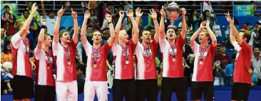  ??  ?? Danish delight: Denmark shuttlers celebratin­g their 3-2 win over Indonesia at the 2016 Thomas Cup final in Kunshan, China.