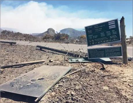  ?? Picture: MELANIE GOSLING ?? ‘RIGHT TIME’: While last week’s fires damaged houses and infrastruc­ture, like these signboards at Silvermine, they were crucial to give new life to fynbos, which depends on fire to germinate and cannot survive without it.