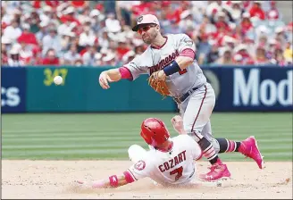  ??  ?? Brian Dozier #2 of the Minnesota Twins throws to first base after getting the force out at second base on Zack Cozart #7 of the Los Angeles Angels in the fifth inning of the MLB game at Angel Stadium on May 13 in Anaheim,
California. (AFP)