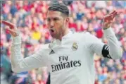  ?? REUTERS ?? Real Madrid’s Sergio Ramos celebrates after scoring their second goal against Atletico Madrid on Saturday.