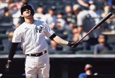  ?? Adam Hunger / Associated Press ?? Yankees catcher Gary Sanchez reacts to fouling out against the Toronto Blue Jays during the fifth inning on Monday in New York.