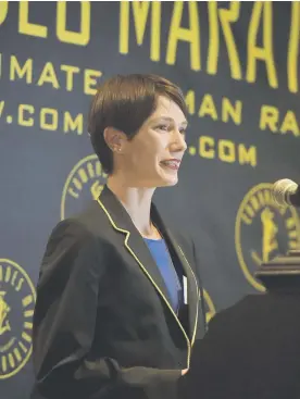  ?? Neil McCartney Picture: ?? TAKING CENTRE STAGE. 2018 women’s winner Ann Ashworth speaks during the launch of the 2019 Comrades Marathon yesterday.