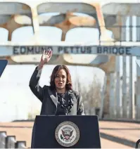  ?? SAUL LOEB/AFP VIA GETTY IMAGES ?? Vice President Kamala Harris speaks at the Edmund Pettus Bridge in Selma, Ala., on Sunday.