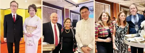  ?? ?? COCKTAIL RECEPTION.
At Marco Polo Plaza during the reception hosted by Japanese Consul General and Mrs. Hideaki Matsuo (right) to celebrate the 64th birthday of His Majesty the Emperor of Japan. Middle photo shows US Consular Officer Glenn Loop with wife Honey and Buddy Veloso. At far right are Alice Woolbright, Maripaz Perdices and Spanish Consul in Cebu Anton Perdices.