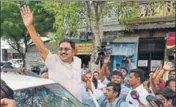  ?? PTI FILE ?? Rebel AIADMK leader TTV Dinakaran waves to his supporters before filing papers for the RK Nagar bypoll.