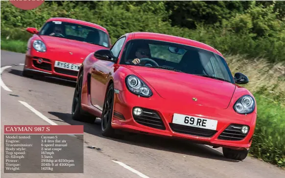  ??  ?? Typical of Porsche’s evolutiona­ry styling, it’s really quite difficult to tell these two Guards Red Caymans apart. The R is in the foreground chased by our man, Laird’s, earlier S