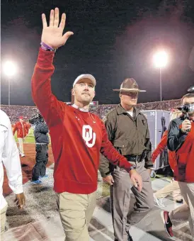  ?? [PHOTO BY BRYAN TERRY, THE OKLAHOMAN] ?? Oklahoma coach Lincoln Riley waves to fans Saturday after OU’s 38-20 victory over TCU.