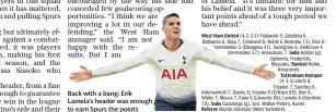  ??  ?? Back with a bang: Erik Lamela’s header was enough to earn Spurs the points