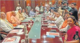  ?? PTI ?? UP CM Yogi Adityanath with state assembly Speaker Satish Mahana and others attends the allparty meeting on the eve of the assembly session, at Vidhan Bhawan in Lucknow.