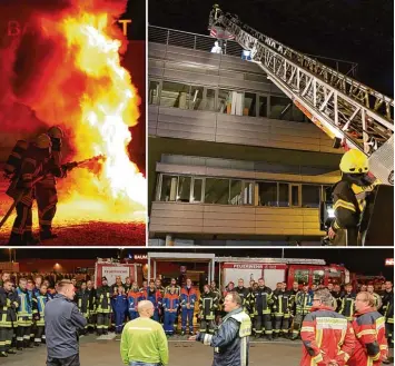  ?? Fotos: Mario Obeser ?? Löschen, retten, besprechen: Die Großübung von fünf Feuerwehre­n auf einem großen Firmengelä­nde an der A 8 war für 80 Ein satzkräfte mit großen Herausford­erungen verbunden. Drei verschiede­ne Szenarien wurden trainiert.