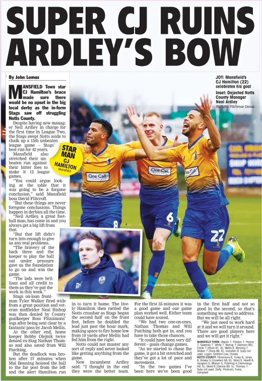  ?? PICTURE: PSI/Simon Davies ?? STAR MAN CJ HAMILTON Mansfield JOY: Mansfield’s CJ Hamilton (22) celebrates his goal Inset: Dejected Notts County Manager Neal Ardley