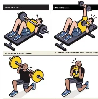  ??  ?? standard bench press barbell split squat do this . . . alternate- arm dumbbell bench press instead of . . .
