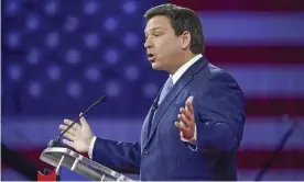  ?? Photograph: John Raoux/AP ?? The Florida governor, Ron DeSantis, speaks at the Conservati­ve Political Action Conference (CPAC) on 24 February 2022 in Orlando.