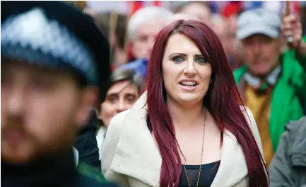  ??  ?? Jayda Fransen, acting leader of the far-right organizati­on Britain First, is pictured marching in London in this April 1 file photo. (AFP)