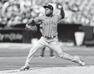  ?? John Hefti / Associated Press ?? Astros starting pitcher Framber Valdez, in his first game since July 24, gave up three hits, one earned run and four walks and had three strikeouts on Saturday at Oakland.