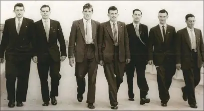  ??  ?? This fantastic photograph, taken on the morning after the All-Ireland Senior hurling championsh­ip final success of 1960, shows a group of the triumphant Wexford players going for a relaxing stroll (from left): Pat Nolan, Mick Morrissey, Eddie Kelly, John Nolan, Mick Bennett, Tom Neville, Jack Harding.