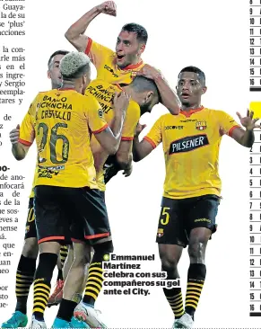  ??  ?? Emmanuel Martínez celebra con sus compañeros su gol ante el City.