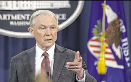  ?? SUSAN WALSH / ASSOCIATED PRESS ?? Attorney General Jeff Sessions said Thursday he will recuse himself from a federal investigat­ion into Russian interferen­ce in the 2016 White House election. He acted after revelation­s that he had spoken twice with the Russian ambassador during the campaign.