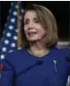  ?? AP PHOTO/J. SCOTT APPLEWHITE ?? Speaker of the House Nancy Pelosi, D-Calif., talks with reporters Thursday during her weekly news conference on Capitol Hill in Washington.