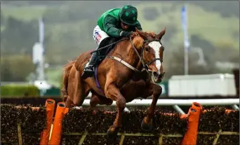  ??  ?? Concertist­a, with Daryl Jacob up, jumps the last on their way to winning the Daylesford Mares’ Novices’ Hurdle on day three.