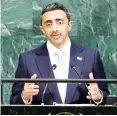  ??  ?? UAE Foreign Minister Sheikh Abdullah bin Zayed Al-Nahyan addresses the 72nd UN General Assembly in New York. (Reuters)