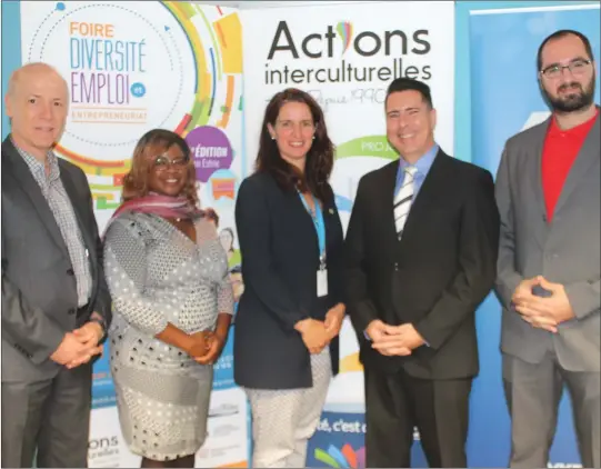  ?? GORDON LAMBIE ?? Mohamed Soulami, executive director of Actions Intercultu­relles; Fabienne Gbaguidi, employment counselor with the Service D'aide au Neo-canadiens; City Councillor Annie Godbout; Eric Croteau, director of Human resources for Sykes Canada, and Sherbrooke...