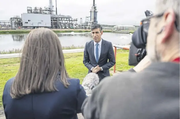  ?? PICTURE: EUAN DUFF - WPA POOL/GETTY IMAGES ?? Prime Minister Rishi Sunak speaks outside Shell St Fergus Gas Plant in Peterhead - the Aberdeensh­ire site is Scotland's biggest climate polluter