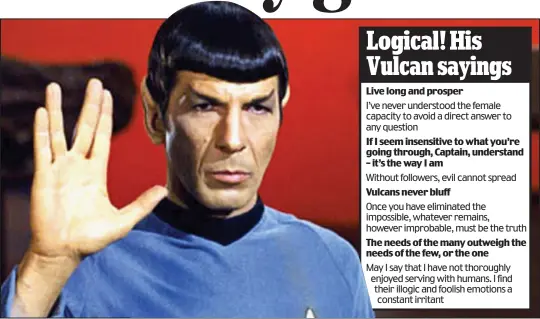  ??  ?? Hand signal: Nimoy performs the famous Vulcan salute while playing Spock during the original 1960s series of sci-fi classic Star Trek