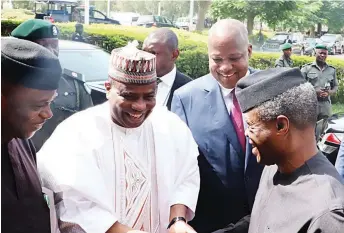  ??  ?? Deputy Chairman, House Committee on Rules and Business, Bode Ayorinde (left); Sokoto State Governor Aminu Tambuwal; Speaker, House of Representa­tives, Yakubu Dogara and Vice President Yemi Osinbajo on arrival for the Legislativ­e Economic Summit at the...