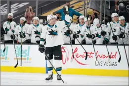  ?? The Associated Press ?? San Jose Sharks centre Patrick Marleau waves to the crowd before passing Gordie Howe for most NHL games played, Monday, in Las Vegas.