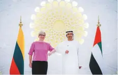  ?? ?? ■ Shaikh Abdullah greets Ingrida Simonyte, Prime Minister of Lithuania, on her arrival at Expo 2020 Dubai.