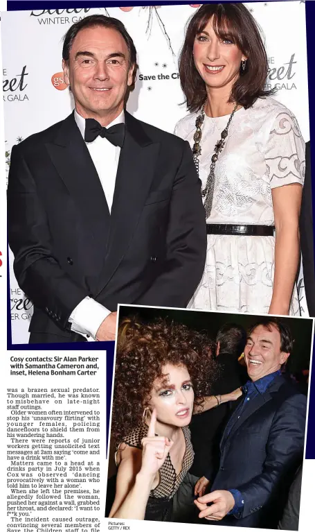  ??  ?? Cosy contacts: Sir Alan Parker with Samantha Cameron and, inset, Helena Bonham Carter