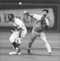  ?? Associated Press photo ?? Toronto Blue Jays second baseman Devon Travis throws to first after forcing out Tampa Bay Rays’ Mallex Smith at second on a ball hit by Tim Beckham, who was safe during the fifth inning of a baseball game, Saturday, in St. Petersburg, Fla.