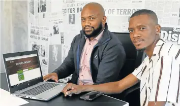  ?? Picture: ALAN EASON ?? BRAINS: Two young IT profession­als in the provincial treasury department, Mbasa Mabi and Fezile Moya, have devised a website that enables service providers to track their payments.