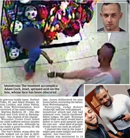  ??  ?? Monstrous: The moment accomplice Adam Cech, inset, sprayed acid on the boy, whose face has been obscured Conspiracy: Norbert Pulko and Jan Dudi, who is brandishin­g a BB gun